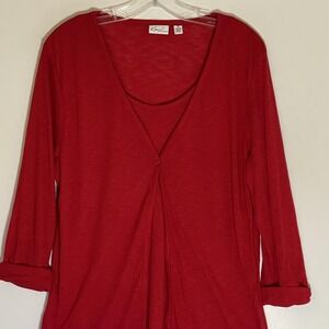 Kim Rogers Top Womens XL Red V Neck Layered Look 3/4 Roll Tab Tunic Shirt